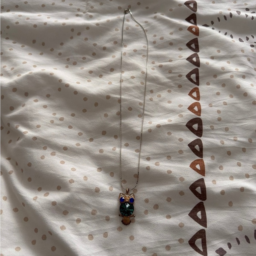 Gold-Tone Owl Pendant Necklace with Green and Blue Stones